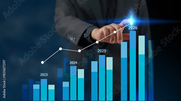 Fototapeta Businessman reviewing balance sheet and virtual data charts. financial analysis concept, strategy planning and growth opportunities, calculating company investment