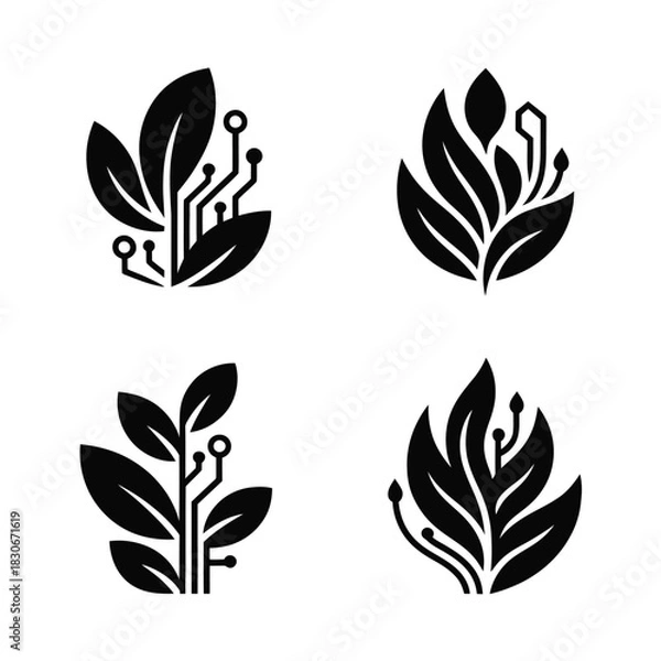 Fototapeta Four stylized black leaf and circuit board logos representing nature and technology