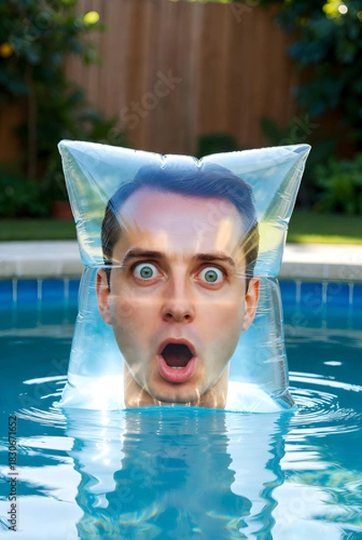 Fototapeta Surprised Man’s Face Inside Inflatable Pillow Floating in Pool