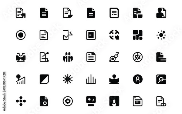 Fototapeta Collection of black and white digital interface icons for documents and data