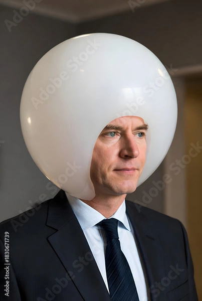 Fototapeta Surreal Portrait of a Businessman Wearing a Large Bubble-Like Helmet