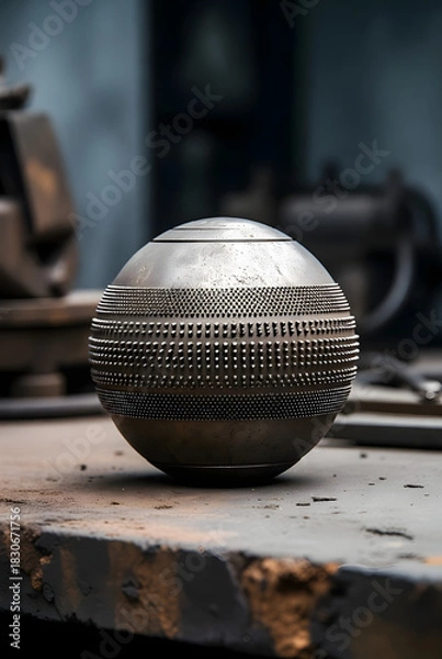 Fototapeta Precision Metal Sphere with Industrial Texture in Workshop Setting