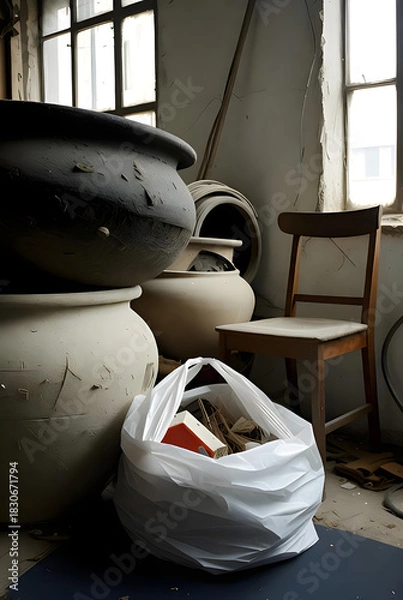 Fototapeta Dusty Workshop Corner With Giant Pots and Trash Bag – Strange Abandoned Room Scene