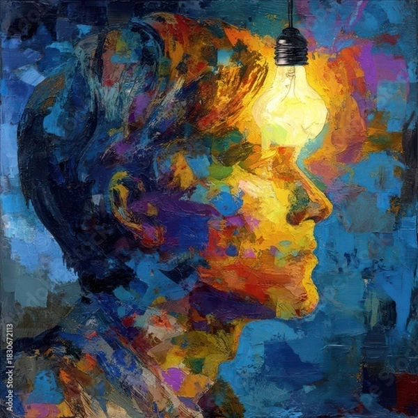 Fototapeta Thoughtful human head profile with colorful abstract paint and glowing light bulb symbolizing creativity and inspiration, vibrant artistic expression in modern style