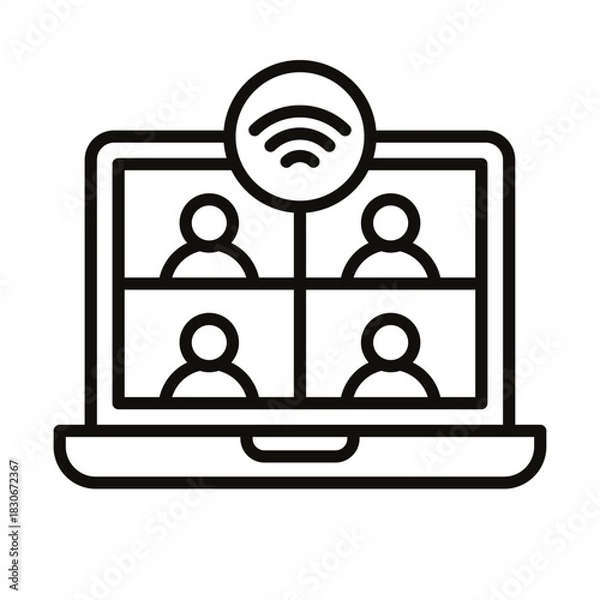 Fototapeta A minimalist line icon representing a virtual team meeting, showing a group video conference on a laptop with an internet connection symbol
