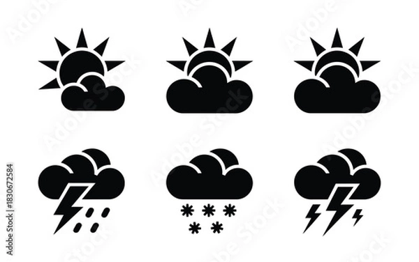 Fototapeta Set of six black weather icons showing sun clouds rain snow and lightning