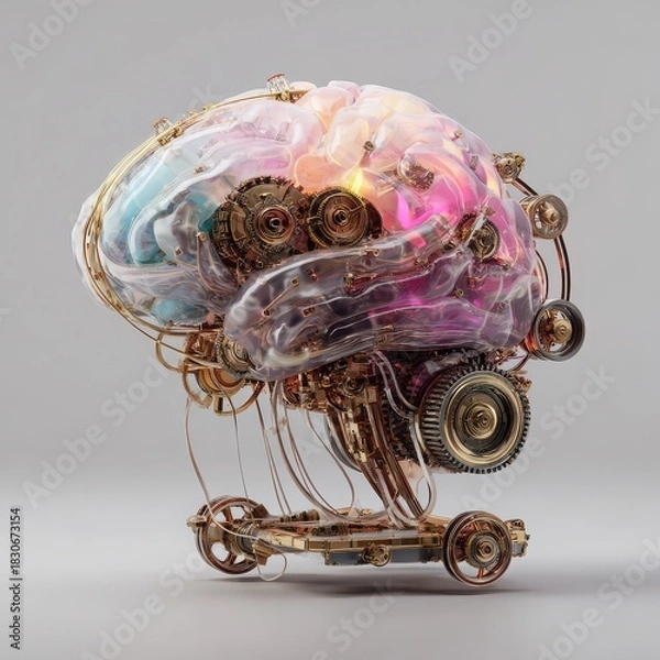 Fototapeta Futuristic brain sculpture with colorful translucent layers, exposed gears, and mechanical parts, symbolizing artificial intelligence and innovation