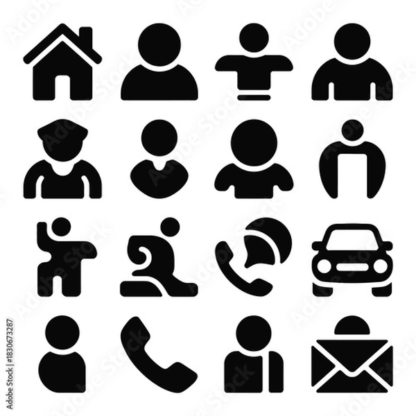 Fototapeta Collection of simple black icons representing people home phone and car