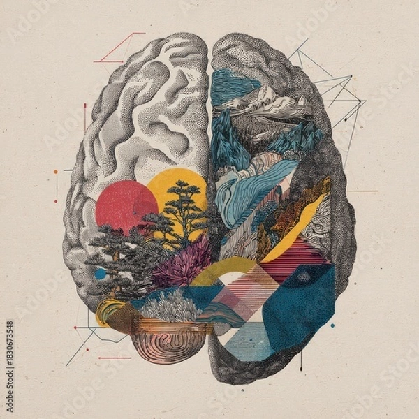 Obraz Surreal brain illustration with abstract landscape, geometric shapes, and colorful trees, blending nature and creativity, symbolizing imagination, thought, and artistic expression
