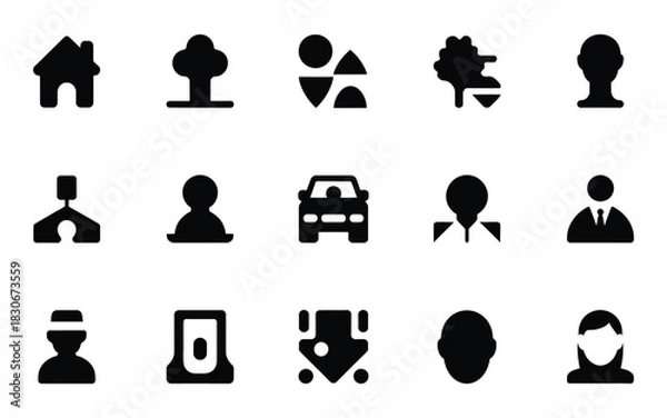 Fototapeta Collection of simple black and white icons representing people places and objects