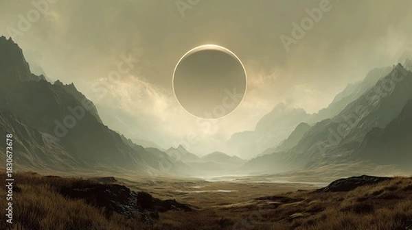 Fototapeta Breathtaking mountain landscape with a dramatic solar eclipse amidst soft mist.
