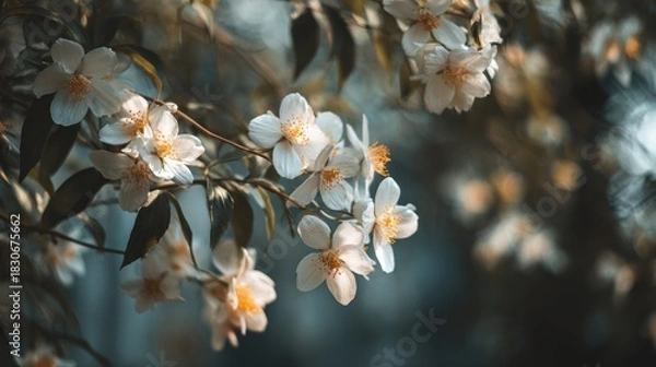 Obraz Elegant floral composition featuring delicate white blossoms on dark background