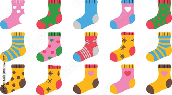 Fototapeta Mega Colorful Patterned Socks Vector Set Featuring Hearts, Stripes, Polka Dots, and Snowflake Designs for Winter Fashion, Apparel, and Comfort Illustration.