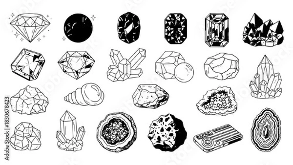 Obraz A Collection of 24 Black and White Mineral, Gemstone, Rock, and Icon Illustrations in Flat Line Art and Solid Fill Styles