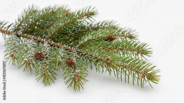 Fototapeta Evergreen branch with snow dust on minimal white backdrop