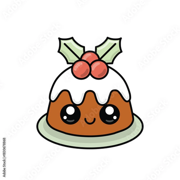 Obraz Cute Smiling Christmas Dessert with Berries and Holly. Holiday Season Illustration.