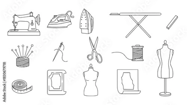 Obraz A Comprehensive Collection of 15 Black Outline Sewing and Tailoring Tools Icons, Flat Design on White Background