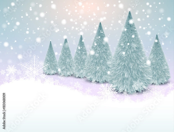 Obraz Christmas background with snowflakes and winter christmas trees