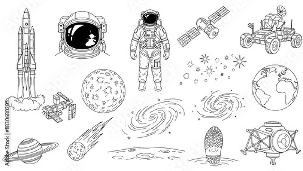 Obraz Comprehensive Space Exploration Icon Set: Black Outline Illustrations of Astronauts, Rockets, Celestial Bodies, and Spacecraft on White Background, Detailed Doodle Style