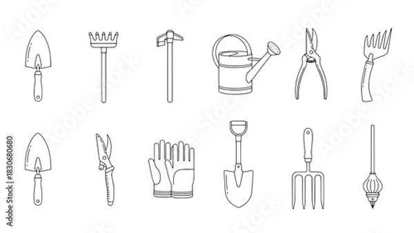 Obraz A Grid of Twelve Flat Line Art Gardening Tools Icons on White Background