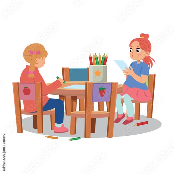 Obraz Children drawing at a table on a white background vector.