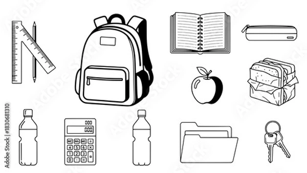 Obraz A collection of eleven simple, flat, black outline line art icons depicting school supplies and daily essentials on a white background.