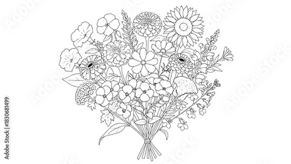 Obraz Detailed Black Outline Floral Bouquet Illustration on White Background, Featuring Assorted Garden Flowers and Foliage in Clean Line Art Style