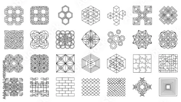 Obraz A comprehensive grid of 32 distinct black outline geometric and abstract patterns, including knotwork, isometric shapes, and textures, all on a white background.