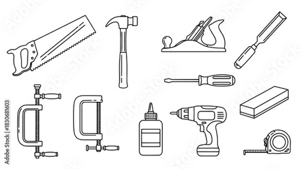 Fototapeta Set of 11 Outline Line Art Carpentry and Woodworking Tools Icons on a White Background