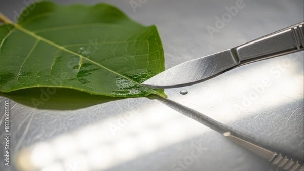 Obraz Bright Green Leaf Being Cut by Sharp Scalpel on Silver Surface