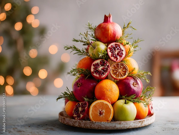 Fototapeta Creative fruit Christmas tree with pomegranates, apples, citrus, rosemary, and dried orange slices, styled for a warm festive atmosphere.