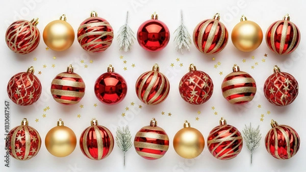 Fototapeta Red and gold holiday baubles arranged in clean flat lay style