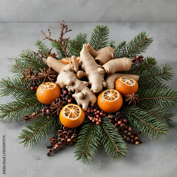 Fototapeta Winter holiday centerpiece with ginger, clove-studded oranges, pine branches, and peppercorn clusters, creating warm and rustic festive ambiance