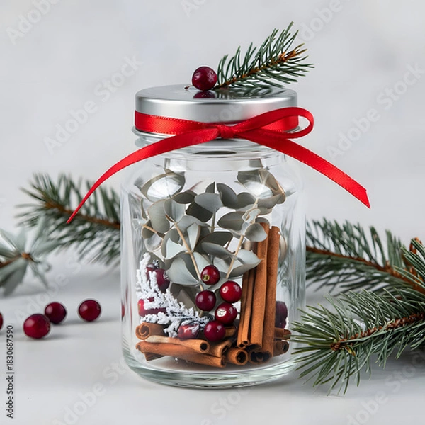 Fototapeta Transparent glass jar with miniature winter floral arrangement of dried eucalyptus, cranberries, and cinnamon sticks, silver lid tied with red ribbon and pine sprig