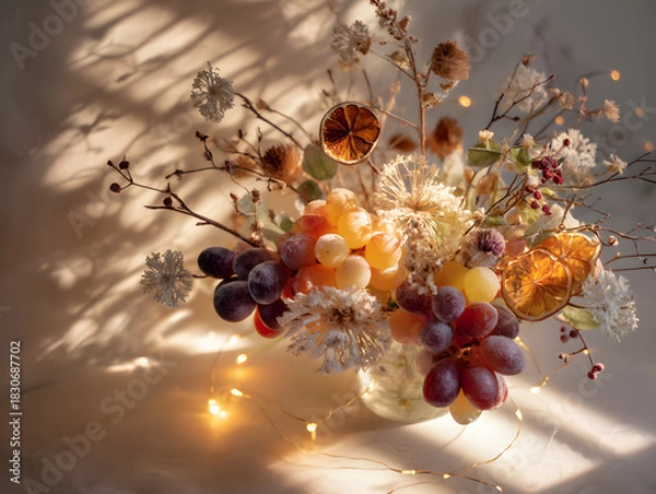 Fototapeta Festive bouquet of frosted grapes, cranberries, dried citrus, and twigs, styled with soft candle and fairy lights, casting magical shadows and warm winter vibes.