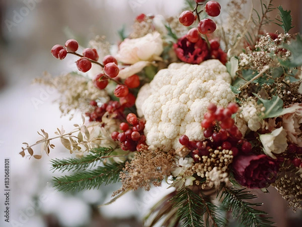 Fototapeta Cozy winter floral composition with white cauliflower, red berries, fir branches, and dried seed pods, styled in blush and green tones.