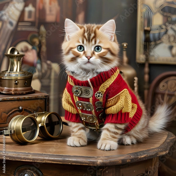 Fototapeta Adorable cat dressed in steampunk holiday costume, featuring brass cogwheels, red velvet cloak, and tiny mechanical reindeer hat in a workshop setting