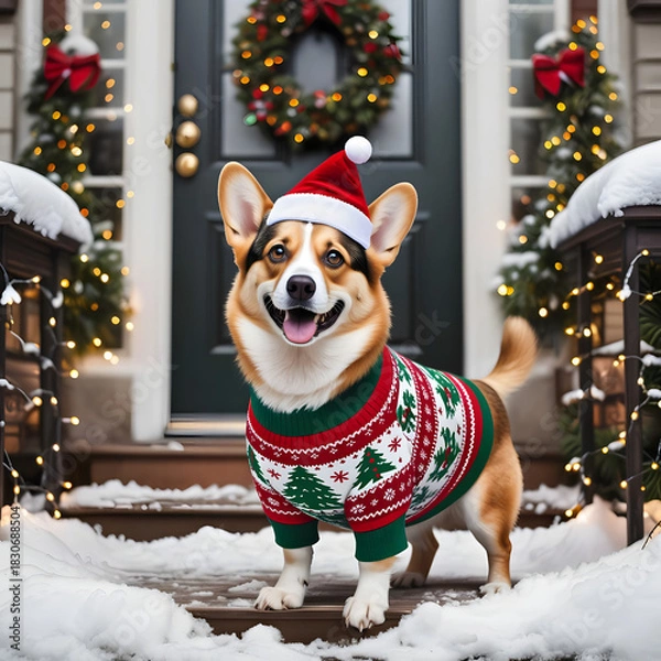 Fototapeta Playful corgi in a festive Christmas sweater and Santa hat, posing on a snowy doorstep decorated with wreaths and glowing fairy lights.