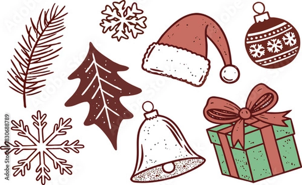 Fototapeta A festive vector set of Christmas icons, symbols, and elements including a gift box, tree, star, and snowman for holiday celebration design