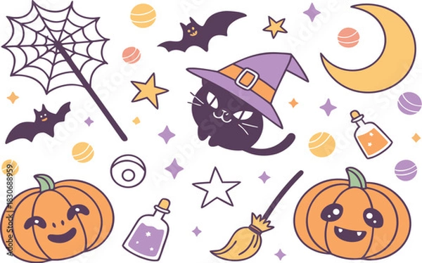 Fototapeta A fun vector cartoon Halloween seamless pattern set with spooky pumpkins, bats, ghosts, and witch hats in black and orange