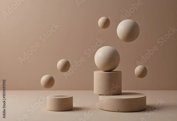 Fototapeta A serene composition of floating ceramic spheres and cylinders in matte earthy tones, perfectly balanced over a soft clay background