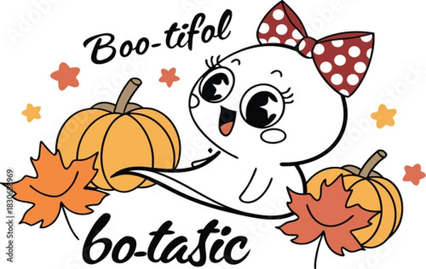 Fototapeta Happy Halloween card with autumn pumpkin and cat vector illustration