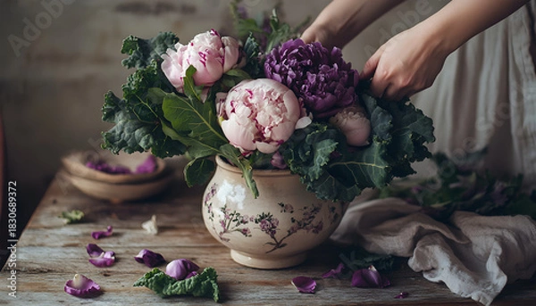 Fototapeta Close-up of a hand placing a bouquet of peonies, kale leaves and purple cabbage. Rustic style with linen napkins. Banners. Naturalism, seasonality, conscious consumption. For wedding, home, picnic