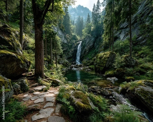 Fototapeta Tranquil forest scene with waterfall and pathway.