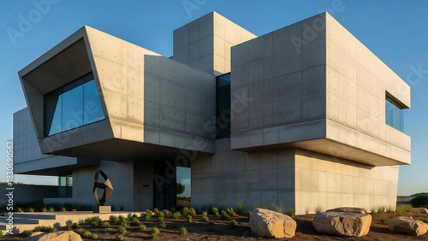 Obraz Modern Concrete Geometric House With Large Windows and Minimalist Landscaping