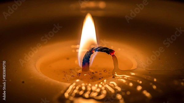 Obraz Macro photography of a single burning candle with a warm bright flame and glowing wick creating a peaceful mood