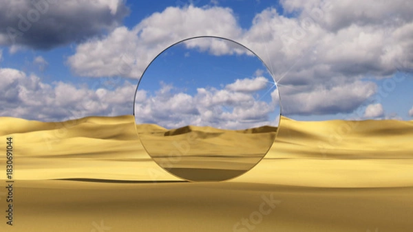 Obraz Round mirror reflecting dynamic clouds on Desert Dunes 3D render
