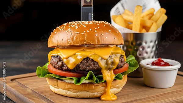 Obraz A classic American cheeseburger with melted cheddar served with crispy french fries