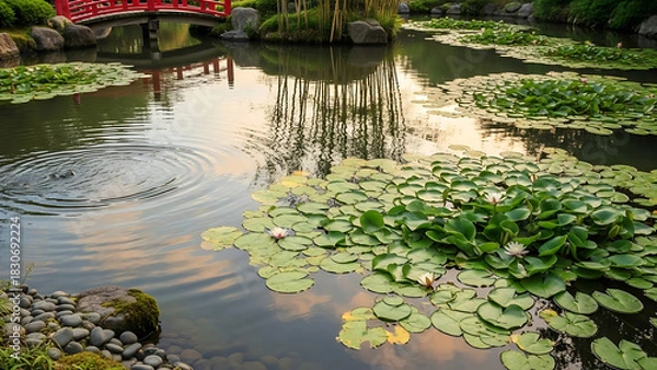 Obraz Tranquil Japanese Garden Pond with Red Bridge and Water Lilies