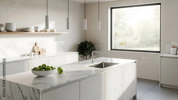 Obraz Modern White Kitchen Island with Marble Countertop and Large Window View